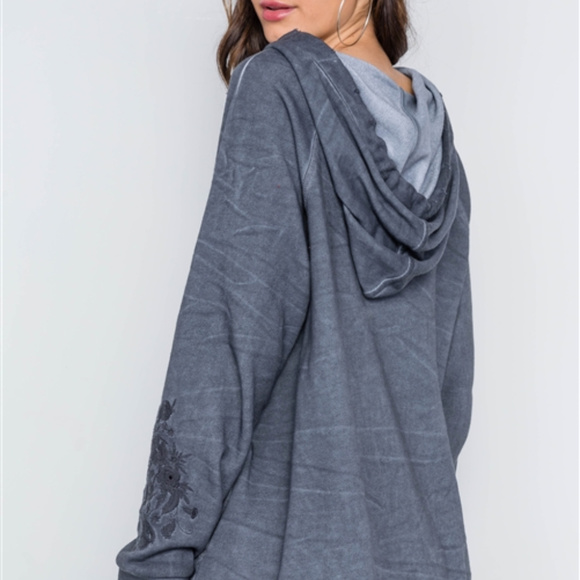 Washed Navy Embroidery Long Distressed Hoodie - Picture 3 of 8